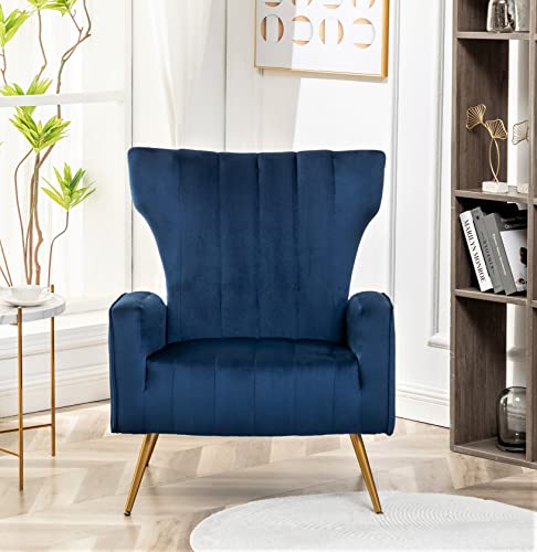 Container Furniture Direct Armchair Modern Velvet Accent Chair, Channel Tufted Bedroom, Office or Living Room Furniture with Elegant Metal Legs, Blue