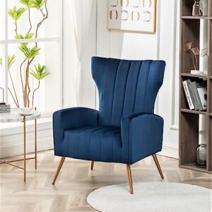 Container Furniture Direct Armchair Modern Velvet Accent Chair, Channel Tufted Bedroom, Office or Living Room Furniture with Elegant Metal Legs, Blue