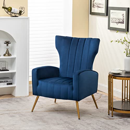 Container Furniture Direct Armchair Modern Velvet Accent Chair, Channel Tufted Bedroom, Office or Living Room Furniture with Elegant Metal Legs, Blue