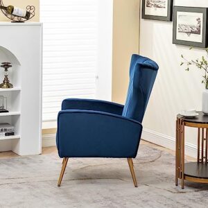 Container Furniture Direct Armchair Modern Velvet Accent Chair, Channel Tufted Bedroom, Office or Living Room Furniture with Elegant Metal Legs, Blue