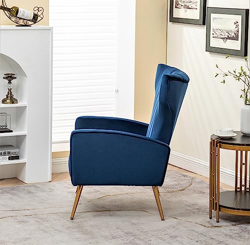 Container Furniture Direct Armchair Modern Velvet Accent Chair, Channel Tufted Bedroom, Office or Living Room Furniture with Elegant Metal Legs, Blue