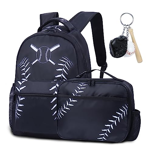 NHBTGSF Baseball Backpack for Boys,Kids Baseball Backpack for School,17inch Backpack Set with Lunch Bag and Keychain Black