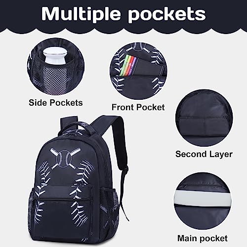 NHBTGSF Baseball Backpack for Boys,Kids Baseball Backpack for School,17inch Backpack Set with Lunch Bag and Keychain Black