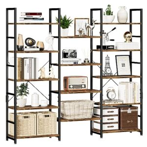 numenn triple wide 5 tier bookshelf, rustic industrial style bookcases and bookshelves with 14 open display shelves, modern tall bookcase furniture for bedroom, living room and home office, vintage