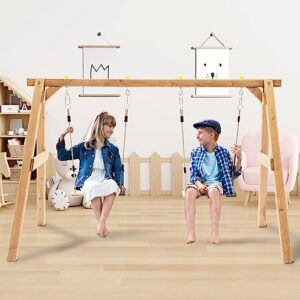 wooden toddler swing set, 100% natural wood kids swing with 2 seats, swing sets for backyard, for playroom, stable and durable swing set for kids, indoor toddler swing, indoor outdoor, ages 3-10