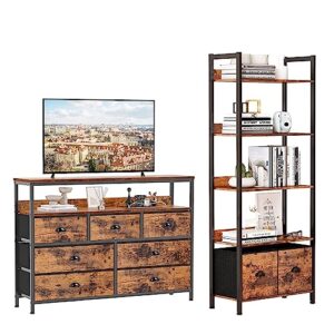 furologee dresser tv stand and 5-tier tall bookshelf set console sofa table with 7 drawers and 2-tier open shelves entertainment center for 45" tv storage fabric drawer unit wood and metal bookcase fo