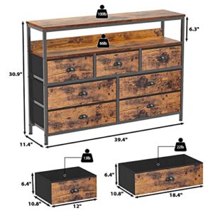 Furologee Dresser TV Stand and 5-Tier Tall Bookshelf Set Console Sofa Table with 7 Drawers and 2-Tier Open Shelves Entertainment Center for 45" TV Storage Fabric Drawer Unit Wood and Metal Bookcase fo