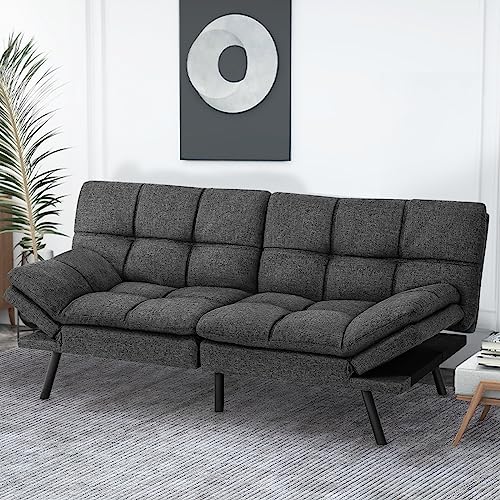 IULULU Futon Sofa Bed, Modern Convertible Sleeper Couch with Adjustable Armrests for Studio, Office, Apartment, Compact Living, Bonus Room, Overnight Guests, Gray