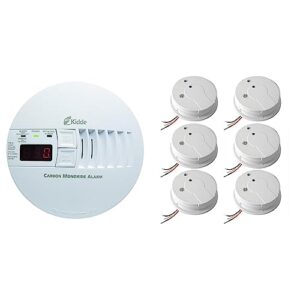 kidde hardwire carbon monoxide alarm with digital display and peak level memory 5.75 diameter x 1.8 depth & smoke detector, hardwired smoke alarm with battery backup included, interconnect, pack of 6