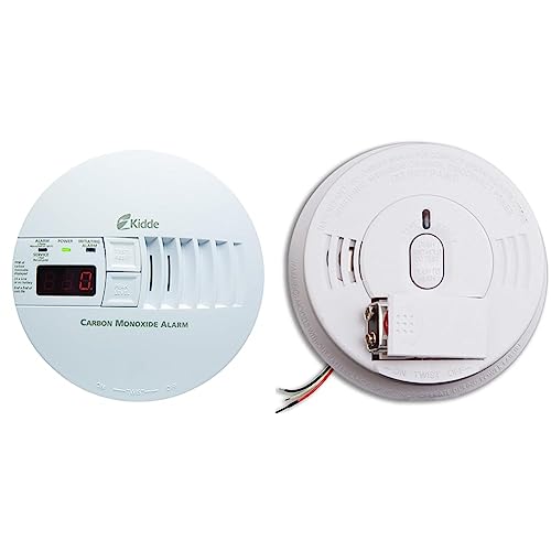 Kidde Hardwire Carbon Monoxide Alarm with Digital Display and Peak Level Memory 5.75 Diameter x 1.8 Depth & Smoke Detector, Hardwired Smoke Alarm with Battery Backup, Front-Load Battery Door