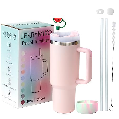 JERRYMIKO 40 oz Tumbler With Handle and Straw Lid,Simpl Moder Double Wall Vacuum Sealed Stainless Steel Insulated Tumblers,Travel Mug for Hot and Cold Beverages,Thermos Travel Coffee Mug (Sakura Pink)