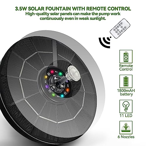 Solar Fountain with Remote Control, 3.5W Solar Powered Pump for Bird Bath with LED Lights, Outdoor Fountain for Garden, Pond, Pool, Fish Tank