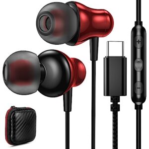 usb c earbuds headphones with microphone for samsung galaxy s23 s22 z flip 5 fold 4, type c headphone wired earphones in ear headset for google pixel 7 7a 6 6a oneplus 11 pro moto razr 40 ultra red