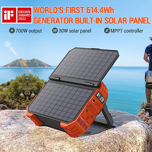 BROWEY Portable Power Station with 30W Solar Panel, 614.4Wh LiFePO4 Battery Backup,110V/600W(Peak 1200W) Pure Sine Wave AC Outlet, Solar Generator for Outdoor Camping, RV Travel（Orange)