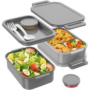 jelife adult bento box lunch box - 3 layers leak-proof stackable bento lunch box for adults, 72oz large-style all-in-one bento boxes lunchbox with utensil sauce containers for dining out,work, grey