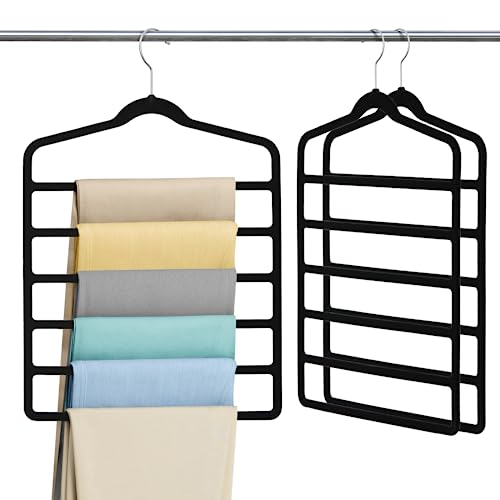 Velvet Hanger,Pants Clothes Hanger Space Saving Myfolrena Closet Organizers and Storage, Multi-Layer Hanger for Pants with 360 Degree Swivel Hook Hanger for Pants Jeans Leggings Slack Scarf(Black,3)