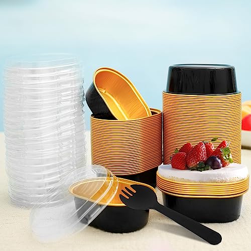 Nicoport 60Pcs Aluminum Foil Cake Container 68ml Heat-Resistant Foil Baking Cups with Clear Lids and Spoons Mini Oval Cake Pan Reusable Small Cheesecake Muffin Pan for Cake Cheese Dessert