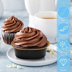 Nicoport 60Pcs Aluminum Foil Cake Container 68ml Heat-Resistant Foil Baking Cups with Clear Lids and Spoons Mini Oval Cake Pan Reusable Small Cheesecake Muffin Pan for Cake Cheese Dessert