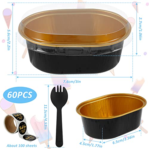 Nicoport 60Pcs Aluminum Foil Cake Container 68ml Heat-Resistant Foil Baking Cups with Clear Lids and Spoons Mini Oval Cake Pan Reusable Small Cheesecake Muffin Pan for Cake Cheese Dessert