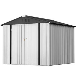 greesum metal outdoor storage shed 8ft x 6ft, steel utility tool shed storage house with door & lock, metal sheds outdoor storage for backyard garden patio lawn, white