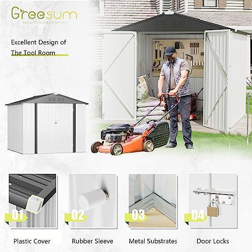 Greesum Metal Outdoor Storage Shed 8FT x 6FT, Steel Utility Tool Shed Storage House with Door & Lock, Metal Sheds Outdoor Storage for Backyard Garden Patio Lawn, White