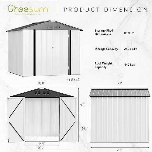 Greesum Metal Outdoor Storage Shed 8FT x 6FT, Steel Utility Tool Shed Storage House with Door & Lock, Metal Sheds Outdoor Storage for Backyard Garden Patio Lawn, White