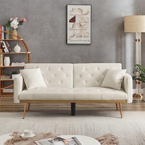 anwick modern velvet 2 in 1 futon sofa bed,convertible folding sleeper bed couches with 2 pillows,73" tufted recliner love seat with golden chrome legs for living room apartment office (beige-new)