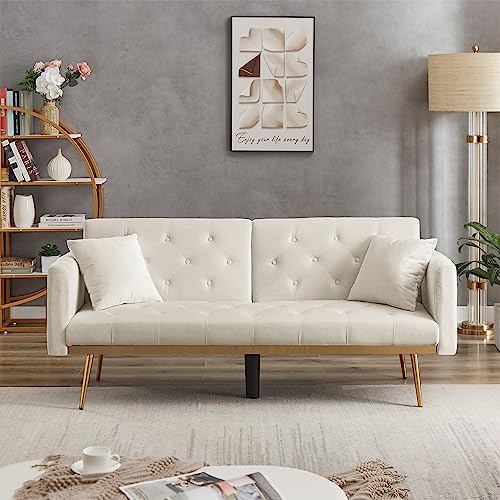Anwick Modern Velvet 2 in 1 Futon Sofa Bed,Convertible Folding Sleeper Bed Couches with 2 Pillows,73" Tufted Recliner Love Seat with Golden Chrome Legs for Living Room Apartment Office (Beige-New)
