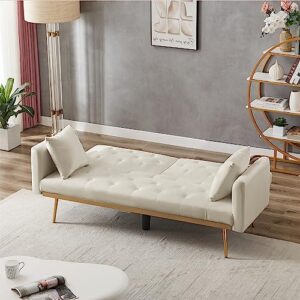 Anwick Modern Velvet 2 in 1 Futon Sofa Bed,Convertible Folding Sleeper Bed Couches with 2 Pillows,73" Tufted Recliner Love Seat with Golden Chrome Legs for Living Room Apartment Office (Beige-New)