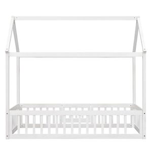 Merax Twin Size Wood House Bed with Fence and Door, Wooden Bedframe with Roof for Teens, Boys or Girls, White