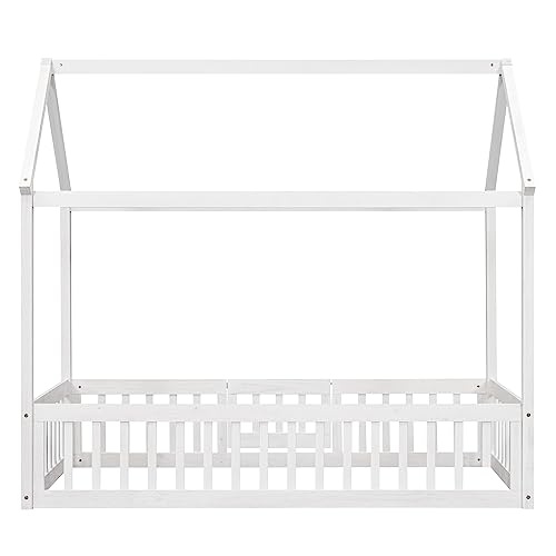 Merax Twin Size Wood House Bed with Fence and Door, Wooden Bedframe with Roof for Teens, Boys or Girls, White