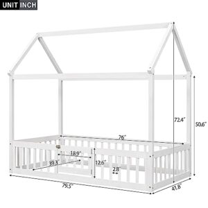 Merax Twin Size Wood House Bed with Fence and Door, Wooden Bedframe with Roof for Teens, Boys or Girls, White
