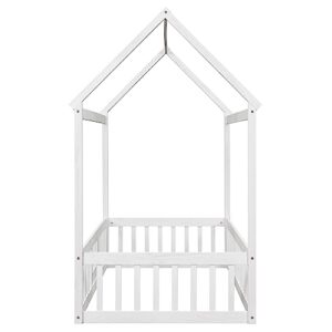 Merax Twin Size Wood House Bed with Fence and Door, Wooden Bedframe with Roof for Teens, Boys or Girls, White