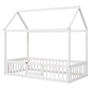 Merax Twin Size Wood House Bed with Fence and Door, Wooden Bedframe with Roof for Teens, Boys or Girls, White