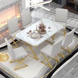 citylight 7-piece kitchen dining table set,rectangular marble texture table and 6 pu leather chairs with x-shaped gold steel pipe legs,modern table chairs set for dining room(white+gold)