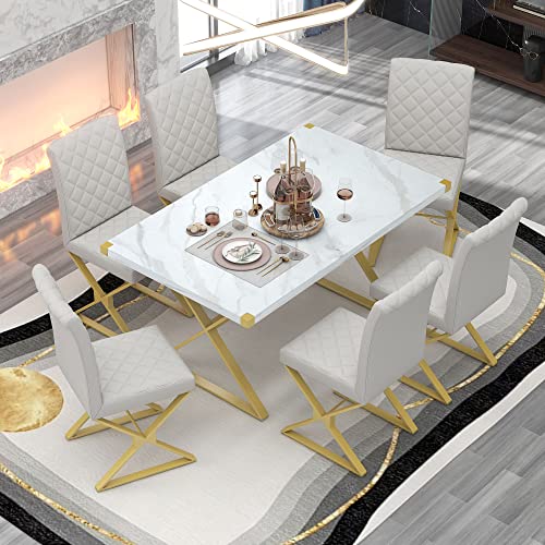 CITYLIGHT 7-Piece Kitchen Dining Table Set,Rectangular Marble Texture Table and 6 PU Leather Chairs with X-Shaped Gold Steel Pipe Legs,Modern Table Chairs Set for Dining Room(White+Gold)