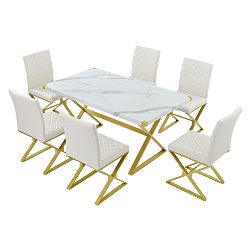 CITYLIGHT 7-Piece Kitchen Dining Table Set,Rectangular Marble Texture Table and 6 PU Leather Chairs with X-Shaped Gold Steel Pipe Legs,Modern Table Chairs Set for Dining Room(White+Gold)