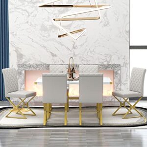 CITYLIGHT 7-Piece Kitchen Dining Table Set,Rectangular Marble Texture Table and 6 PU Leather Chairs with X-Shaped Gold Steel Pipe Legs,Modern Table Chairs Set for Dining Room(White+Gold)