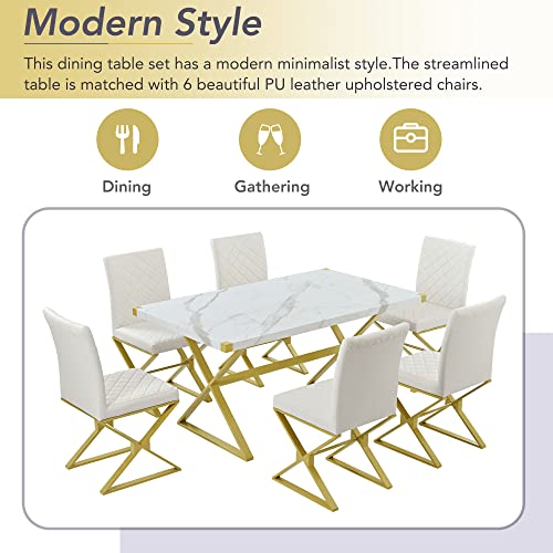 CITYLIGHT 7-Piece Kitchen Dining Table Set,Rectangular Marble Texture Table and 6 PU Leather Chairs with X-Shaped Gold Steel Pipe Legs,Modern Table Chairs Set for Dining Room(White+Gold)