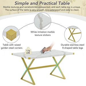 CITYLIGHT 7-Piece Kitchen Dining Table Set,Rectangular Marble Texture Table and 6 PU Leather Chairs with X-Shaped Gold Steel Pipe Legs,Modern Table Chairs Set for Dining Room(White+Gold)