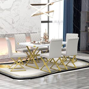 CITYLIGHT 7-Piece Kitchen Dining Table Set,Rectangular Marble Texture Table and 6 PU Leather Chairs with X-Shaped Gold Steel Pipe Legs,Modern Table Chairs Set for Dining Room(White+Gold)