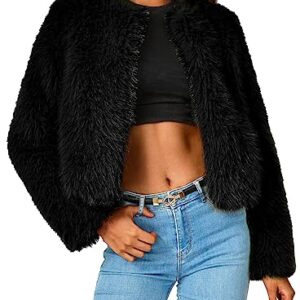 PRETTYGARDEN Women's 2023 Winter Coats Fleece Cropped Jacket Faux Fur Long Sleeve Pockets Shaggy Warm Outerwear Fall Clothes (Black,Medium)