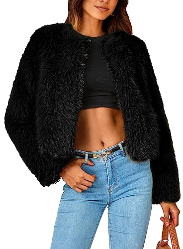 PRETTYGARDEN Women's 2023 Winter Coats Fleece Cropped Jacket Faux Fur Long Sleeve Pockets Shaggy Warm Outerwear Fall Clothes (Black,Medium)