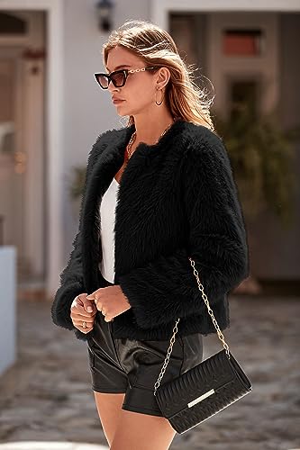 PRETTYGARDEN Women's 2023 Winter Coats Fleece Cropped Jacket Faux Fur Long Sleeve Pockets Shaggy Warm Outerwear Fall Clothes (Black,Medium)