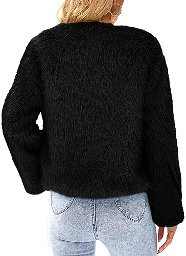 PRETTYGARDEN Women's 2023 Winter Coats Fleece Cropped Jacket Faux Fur Long Sleeve Pockets Shaggy Warm Outerwear Fall Clothes (Black,Medium)