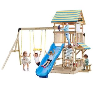 costzon wooden swing set for backyard, all solid fir outdoor play center with swings, wave slide, monkey bars, climbing wall, sandbox, picnic table, heavy-duty playground playset for kids toddlers