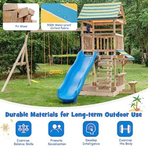 Costzon Wooden Swing Set for Backyard, All Solid Fir Outdoor Play Center with Swings, Wave Slide, Monkey Bars, Climbing Wall, Sandbox, Picnic Table, Heavy-Duty Playground Playset for Kids Toddlers