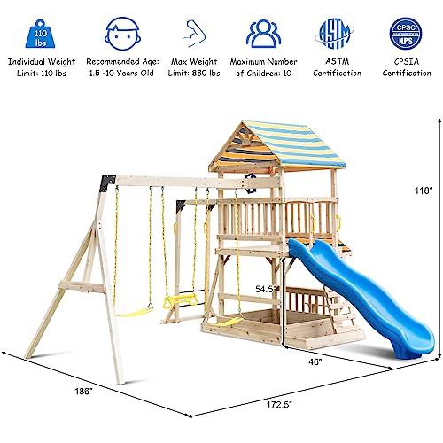 Costzon Wooden Swing Set for Backyard, All Solid Fir Outdoor Play Center with Swings, Wave Slide, Monkey Bars, Climbing Wall, Sandbox, Picnic Table, Heavy-Duty Playground Playset for Kids Toddlers