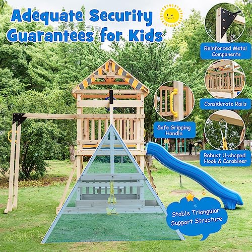 Costzon Wooden Swing Set for Backyard, All Solid Fir Outdoor Play Center with Swings, Wave Slide, Monkey Bars, Climbing Wall, Sandbox, Picnic Table, Heavy-Duty Playground Playset for Kids Toddlers