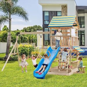 Costzon Wooden Swing Set for Backyard, All Solid Fir Outdoor Play Center with Swings, Wave Slide, Monkey Bars, Climbing Wall, Sandbox, Picnic Table, Heavy-Duty Playground Playset for Kids Toddlers